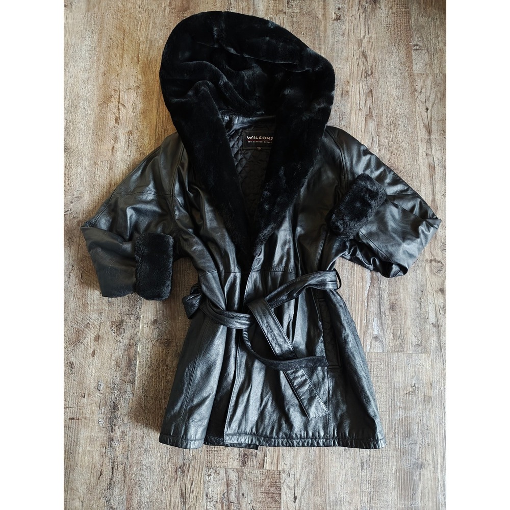 Wilsons Leather Black Wrap Coat Faux Fur Hood Cuffs Belted Quilted Lining Large